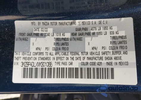 2022 Mazda Mazda3 Premium z USA, uszkodzony, nr VIN 3MZBPADLXNM301066